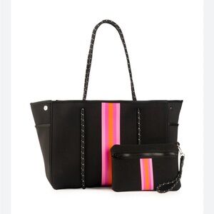 HAUTE SHORE Black Neoprene Tote with Pink & Orange Center Stripes